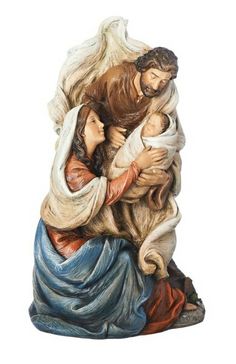 a statue of the virgin mary and jesus holding a child in her arms, on a white background