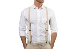 Look your best at the wedding, Quinceañera, prom, homecoming, in family photos or even on a red carpet! These beige suspenders make a great groom, groomsmen and ring bearer's outfit. Made out of a stretchy elastic and are highly adjustable with a length adjuster. Total length will stretch an extra 5" to 10" depending on the size. Silver clips are made with plastic inserts that protect the fabric of your pants and keep suspenders in place. Y-shape back. Tan Suspenders Groomsmen, Suspenders Jeans, Pants With Suspenders, Groomsmen Suspenders, Homecoming Suits, Groomsmen Looks, Bearer Outfit, Ring Bearer Outfit, Suspender Pants