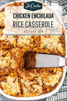 chicken enchilada rice casserole in a white dish with a spatula