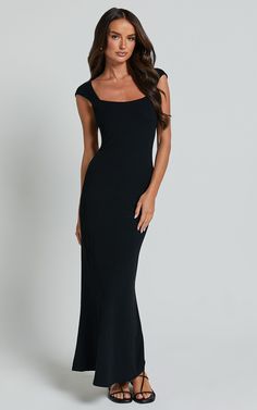 Cherell Midi Dress - Scoop Neck Cap Sleeve Tie Back Bodycon Dress in Black | Showpo USA Long Black Dress With Short Sleeves, Thick Strap Dress Formal, Black Cap Sleeve Dress, Cap Sleeve Maxi Dress, Formal Black Midi Dress, Black Formal Midi Dress, Semi Formal Dresses Long, Bridesmaids Outfits, Midi Wedding Guest Dress