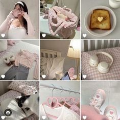 a collage of photos showing different things in the room and on the bed, including clothes, shoes, food, coffee cup, toaster and other items