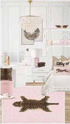 the bedroom is decorated in pink, white and gold colors with leopard prints on the bedding