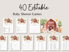 baby shower games with farm animals on them and the words, 40 editable baby shower games