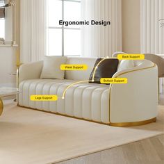 a living room with white couches and gold trimmings on the walls, along with text describing their features