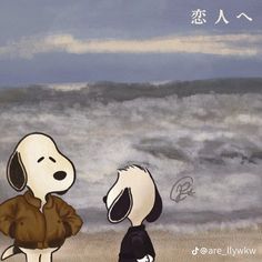 two dogs are standing on the beach looking at each other