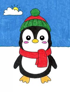 a drawing of a penguin wearing a hat and scarf