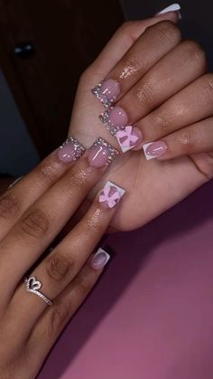 Pink Bow Nails Short, Short Pink Bow Nails, Nail Designs Bow, Small Square Nails, Short Junk Nails, Acrylic Toe Nails, Hard Nails, Colored Acrylic Nails, Girly Acrylic Nails