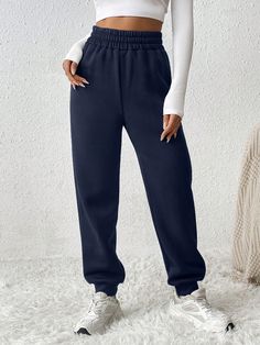 Navy Blue  Collar  Knitted Fabric Plain Jogger Embellished Slight Stretch  Women Clothing Reggaeton Dance, Deep Winter Palette, Navy Joggers, Winter Palette, Jogging Outfit, Women Sweatpants, Dark Blue Pants, Blue Sweatpants, Blue Joggers