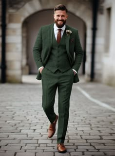 Dapper Wedding Suit, Green Vest Wedding Men, Grey And Green Suit Men, Khaki Green Suit, Green Grey Suit Wedding, Wedding Party Outfit Men, Groom In Dark Green, Forest Green Suits Wedding, Wedding Suits Tweed