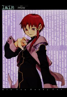 an anime character with red hair and black clothes, holding his hand up to the camera