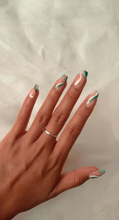 Acrylic Nails With Green Dress, Green With White Tip Nails, White Green Nails Acrylic, Short Acrylic Nails Green And White, Green And White Square Nails, White Green Nails Ideas, Nails That Match A Green Dress, Green Nails With Squiggly Lines, Green White Nails Art Designs