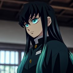 an anime character with long black hair and blue eyes looks at the camera while staring into the distance