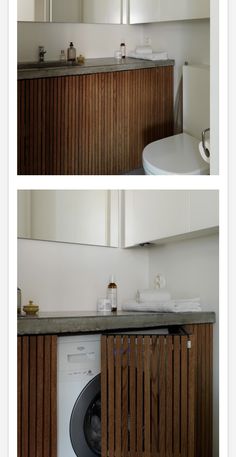 two pictures of a washer and dryer in a bathroom with wood paneling