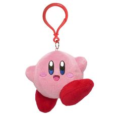 a pink stuffed animal hanging from a red keychain