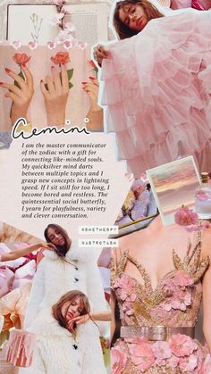 a collage with pink flowers and photos from the pages of an article about fashion