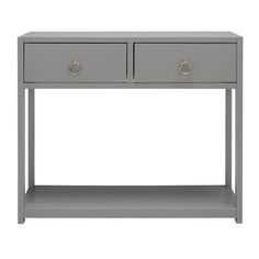 a grey console table with two drawers on one side and an open drawer on the other