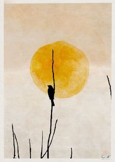 a bird sitting on top of a tree branch in front of a yellow and orange sun