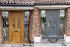 before and after photos of a front door with glass panels on the side, and an image of what appears to be new doors