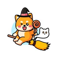 an orange cat with a black hat holding a lollipop and a white cat