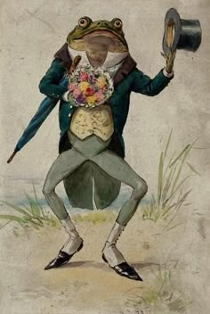 a frog dressed as a magician holding a magnifying glass and flower bouquet in his hands