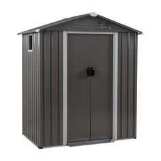 an outdoor storage shed with the door open and two doors closed, on a white background