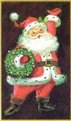 a painting of santa holding a wreath