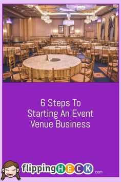 an event venue with round tables and chandeliers on the ceiling is featured in this postcard