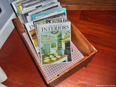 a magazine rack with magazines on top of it