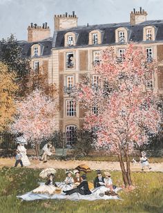 a painting of people sitting on the grass in front of a large building with trees