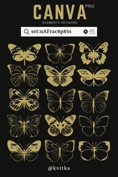 a black and gold poster with butterflies on it