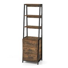 a tall wooden shelf with two drawers