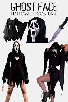 2 women wearing black dressed and scream masks for ghostface Halloween costumes. Halloween Inspired Outfits, Black Dress Halloween Costume, Scream Costume, Stylish Halloween Costumes, Unique Couple Halloween Costumes, Horror Halloween Costumes, Classy Halloween Costumes