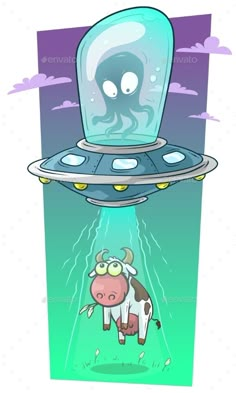 an alien ship floating in the air with a cow under it's head and eyes