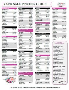 the yard sale pricing guide is shown