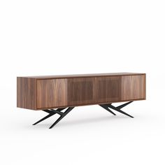 the sideboard is made out of wood and has black metal legs on one end