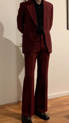 Prom Suits Aesthetic Men, Dark Red Suits For Men, Old Fashioned Mens Suits, 70s Mens Formal Wear, 70s Men’s Suit, Cord Suit Mens, Red Suit Men Prom, Suits Men Designer Style, 70s Tuxedo Men