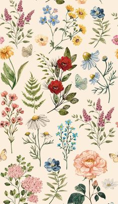 an illustration of flowers and butterflies on a white background with green leaves, pinks, bluebells, and other wildflowers