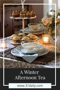 a winter afternoon tea party with candles and food