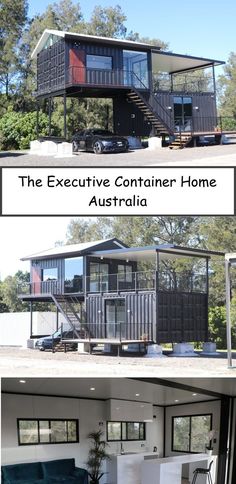 two pictures showing the inside and outside of a shipping container home with stairs leading up to it