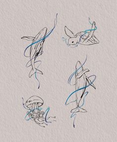 four drawings of different types of animals in blue and white ink on paper, each with an animal's tail curled up