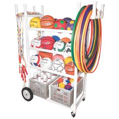 a white rack with several different colored discs and basketballs on it's wheels