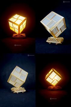 four different views of a light that looks like a cube, with the lights turned on