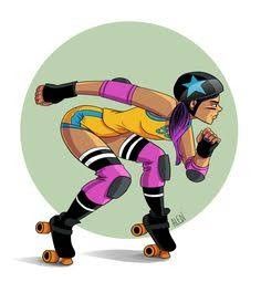 a female rollerblader in purple and yellow is going down the road with her skateboard