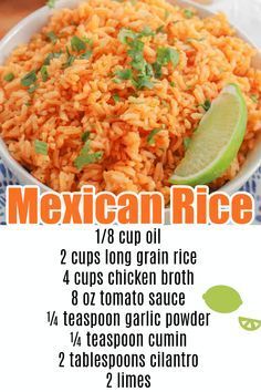 mexican rice in a white bowl with limes and cilantro on the side