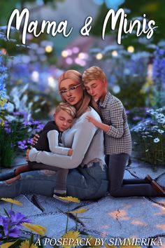 the book cover for mama and miss, featuring two children hugging each other in front of flowers