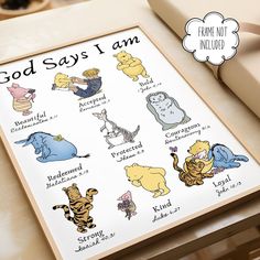 a poster with winnie the pooh sayings on it next to some other items