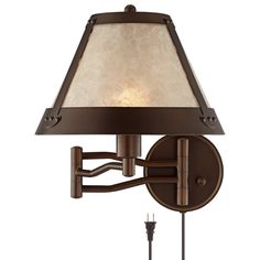 a wall light with a white shade on it's side and a brown metal arm