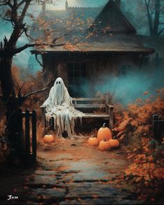 a painting of a ghost sitting on a bench with pumpkins in front of it