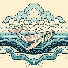 a drawing of a whale jumping out of the water with clouds in the back ground