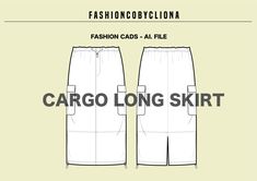 the front and back view of cargo shorts with text that reads, fashion cards all file